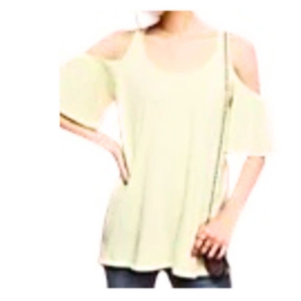 Pure + Good Anthropologie Cold Shoulder Top Medium M Yellow Flounce Sleeve Shirt